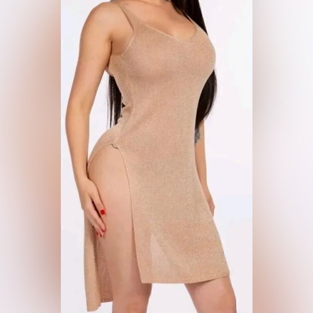 Bear Dance dress with shiny gold threads knit with two thigh, high splits- sexy